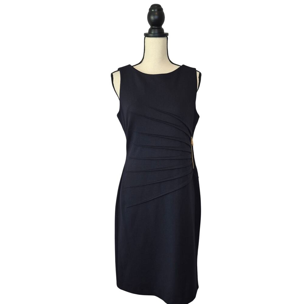 Ivanka Trump Black Sunburst Sheath Dress Pleated Side Zip Work Cocktail Size 10